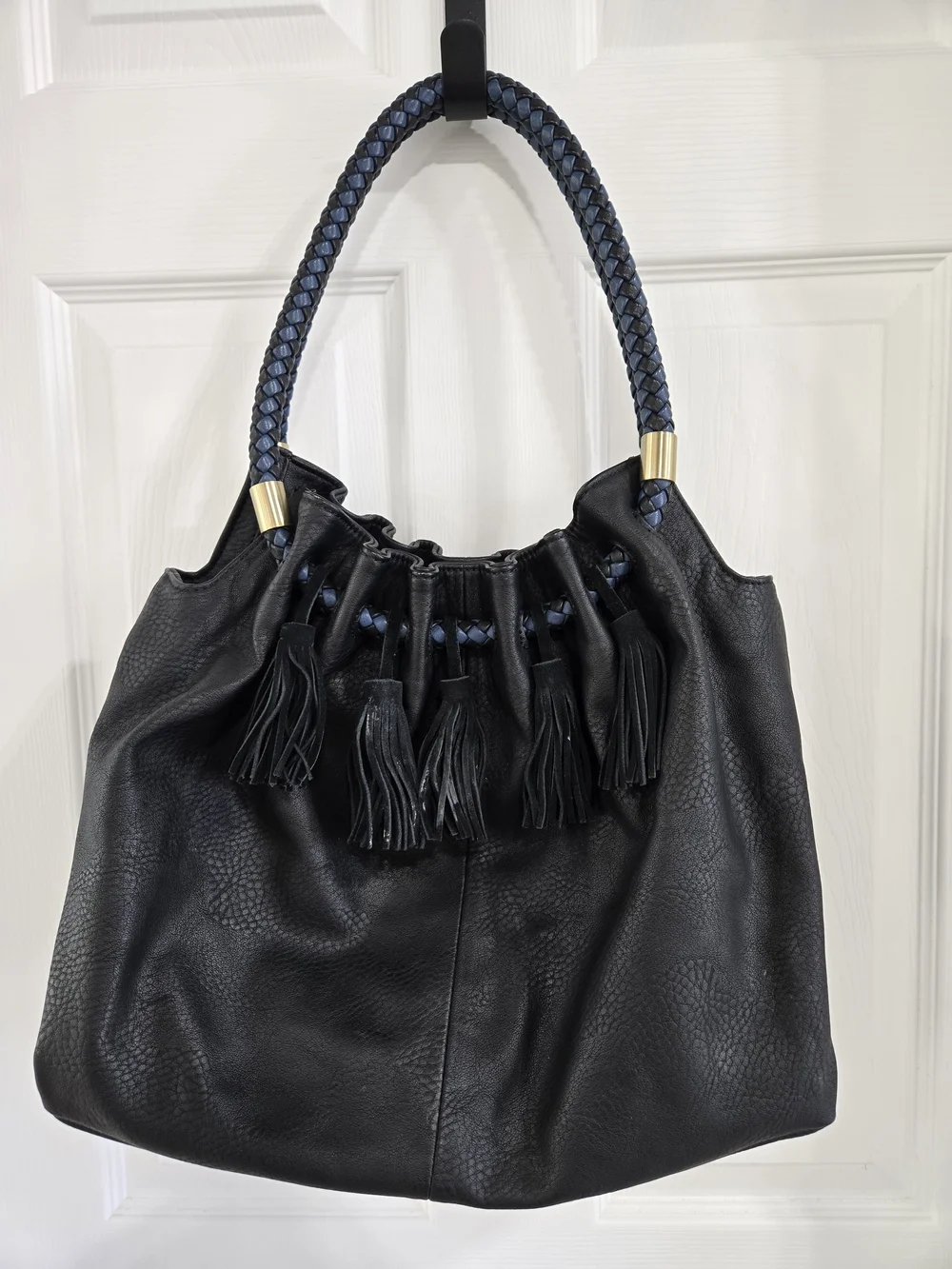 Steven Black Leather Tassel Hobo Bag with Braided Handle - Picture 3 of 6